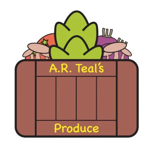 Whimsical A.R. Teals Produce logo featuring colorful, farm-fresh fruits and vegetables.